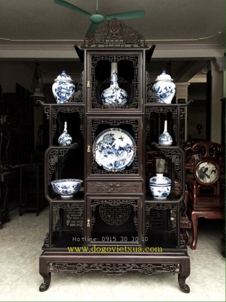 TỦ TRƯNG BÀY ĐỒ CỔ, GỐM SỨ - TƯỢNG CHẠM NGŨ PHÚC
