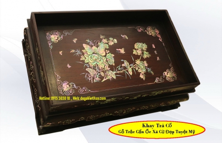 KHAY TRÀ CỔ KHẢM ỐC "HOA KHAI PHÚ QUÝ" ĐẸP MỸ MÃN
